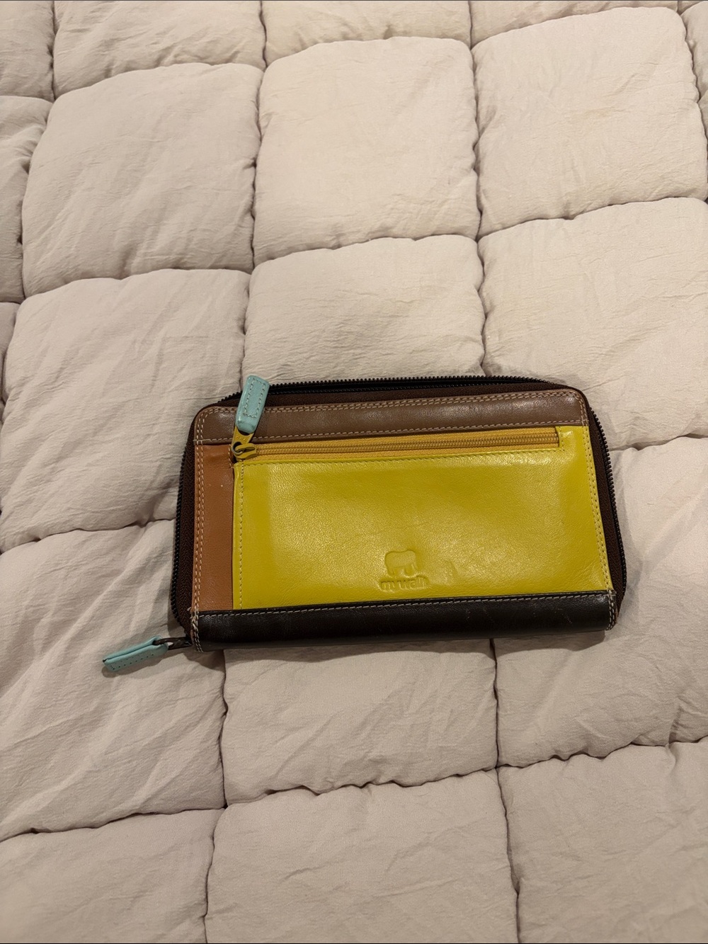 Mywalit Classic Dark Brown Leather Zip Wallet with Teal Pull